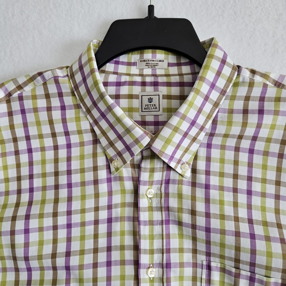 Peter Millar Shirt Mens 2XL XXL Button Down Cotton White Purple Green Casual